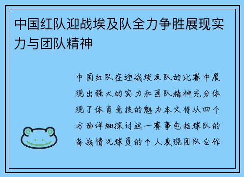 中国红队迎战埃及队全力争胜展现实力与团队精神